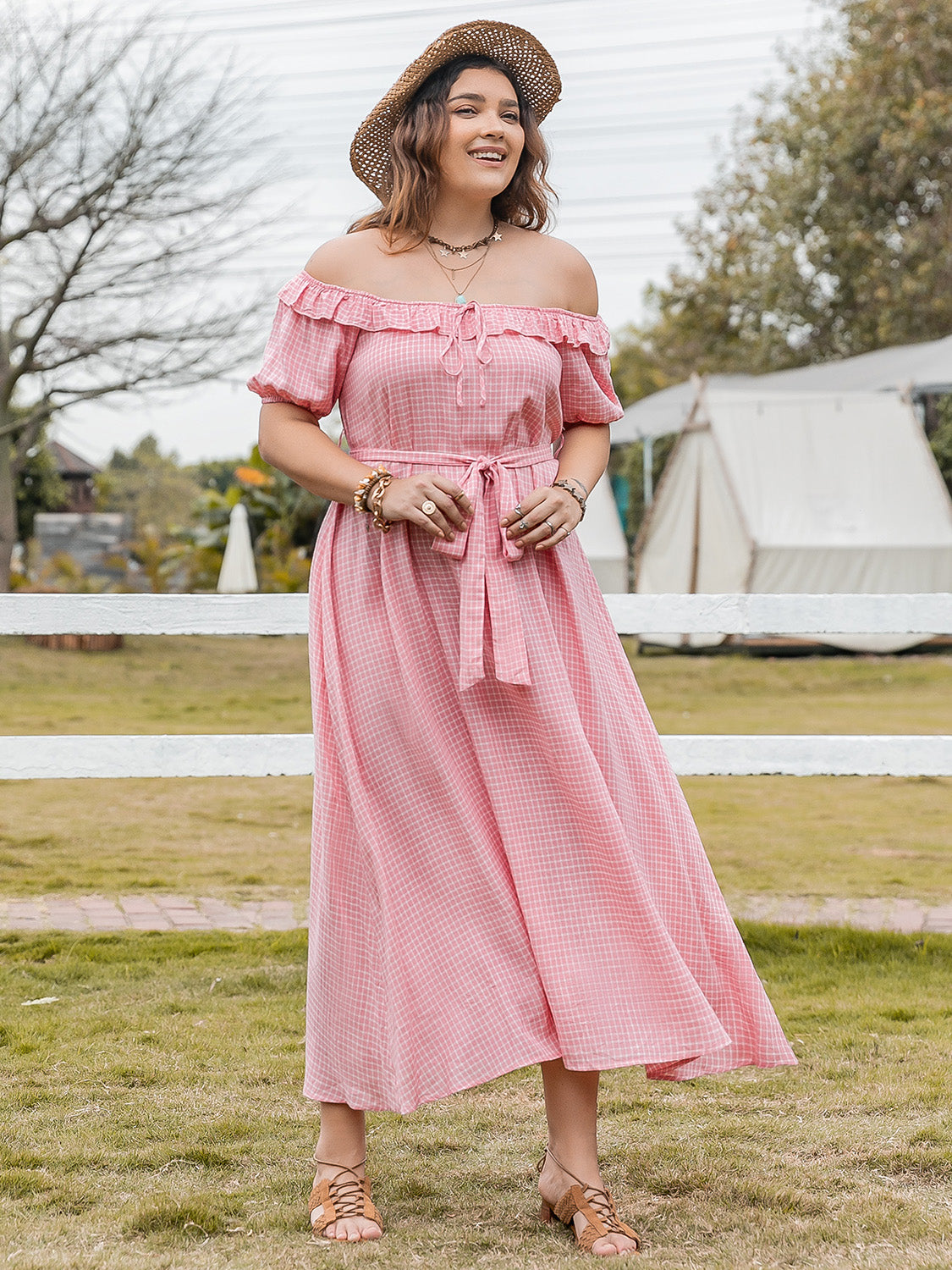 Plus Size Plaid Off-Shoulder Short Sleeve Midi Dress Blush Pink 1XL 