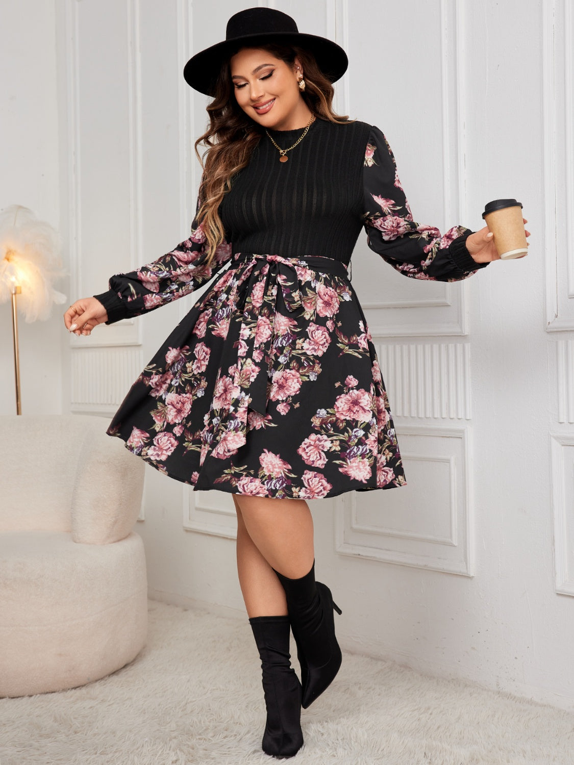 Plus Size Tied Printed Long Sleeve Dress   