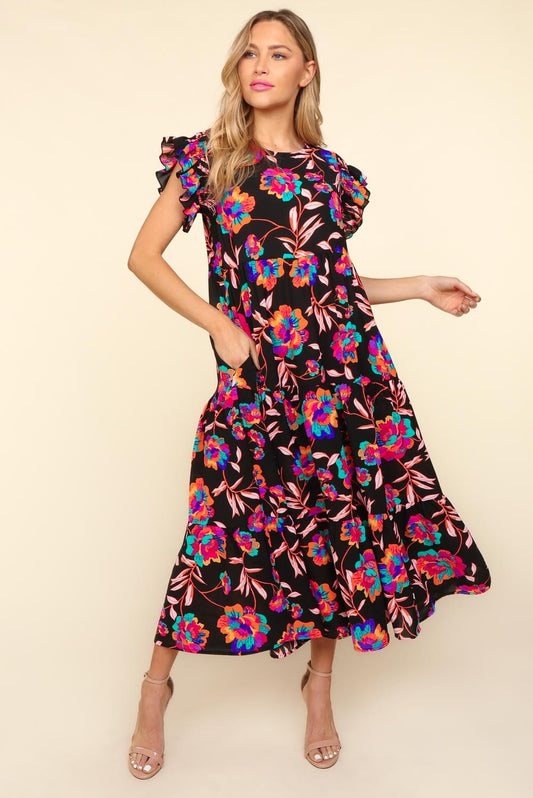 Haptics Ruffled Printed Round Neck Cap Sleeve Dress Black S 