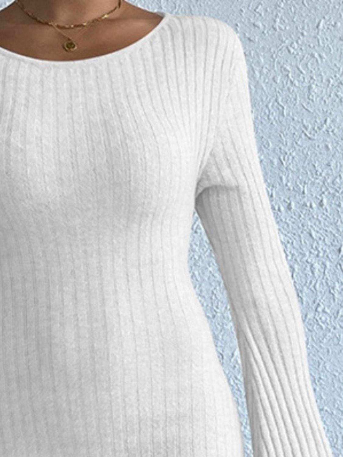 Backless Round Neck Long Sleeve Sweater Dress   