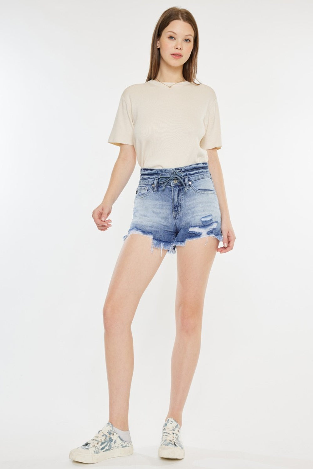 STUNNLY  Kancan High Rise Frayed Hem Denim Shorts   