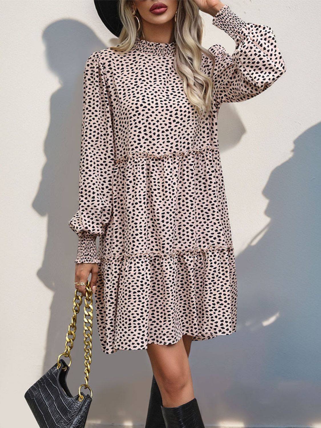 Frill Printed Mock Neck Long Sleeve Mini Dress   