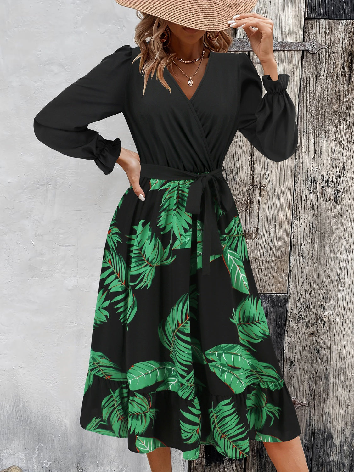 Tied Ruffled Printed Long Sleeve Dress   