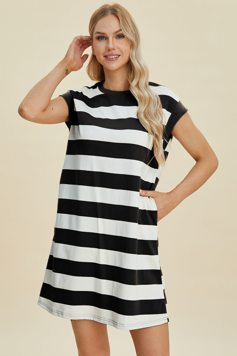 Basic Bae Full Size Striped Round Neck Cap Sleeve Mini Dress Black S 