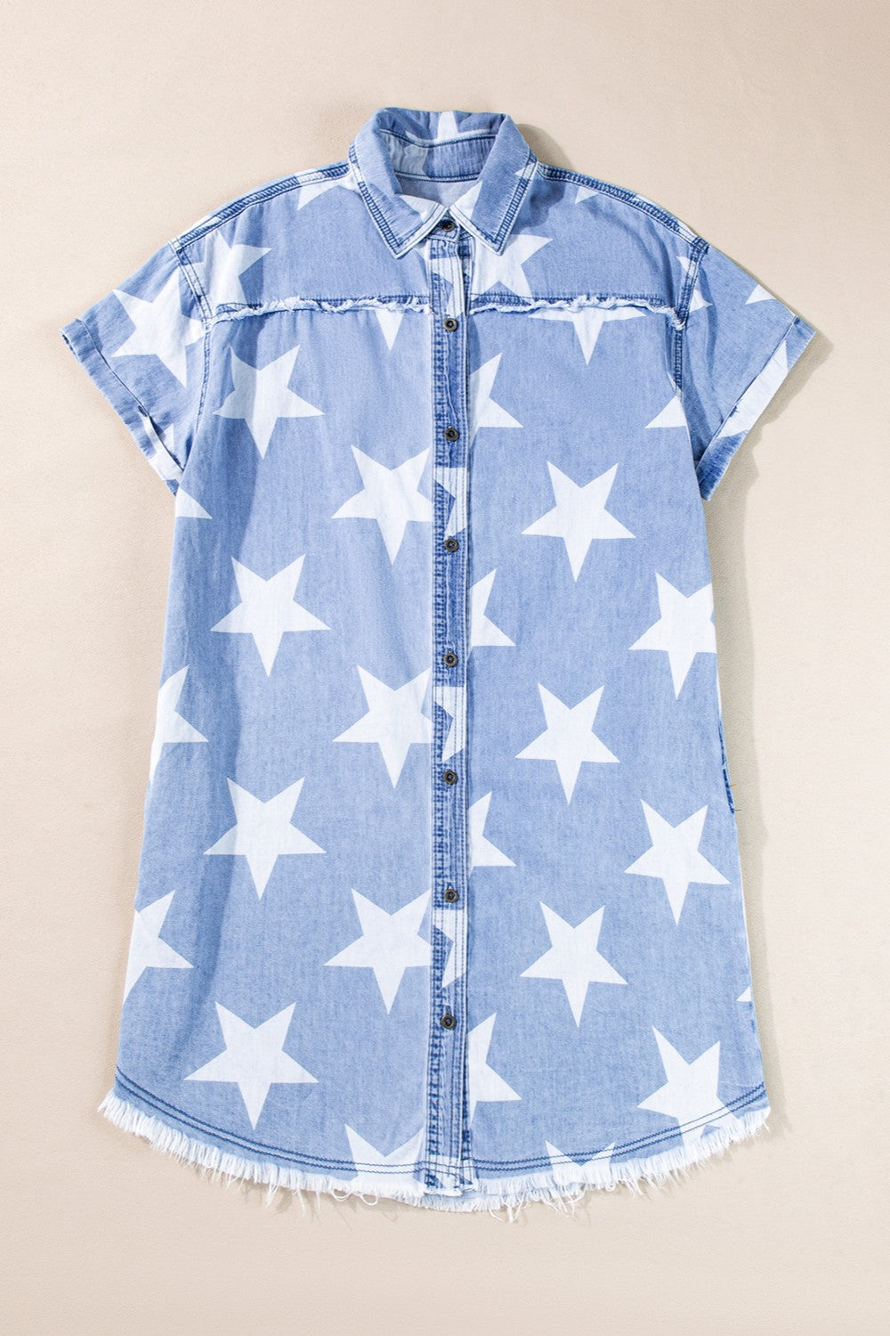 Raw Hem Star Short Sleeve Denim Dress   