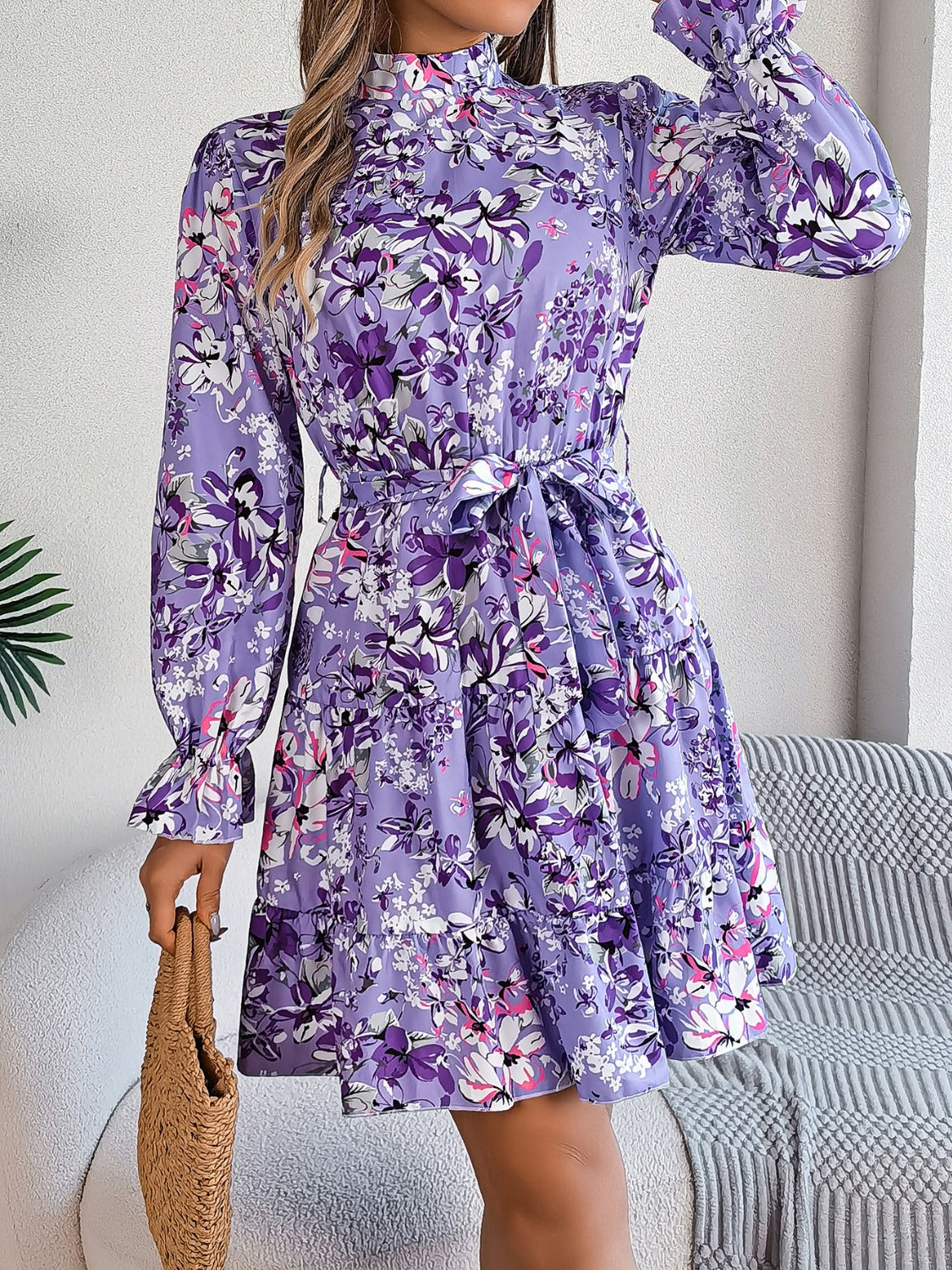 Printed Mock Neck Flounce Sleeve Mini Dress Lavender S 