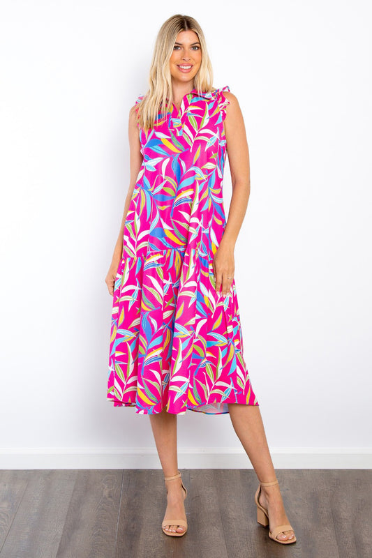 Be Stage Print Ruffled Midi Dress with Pockets Fuchsia S 