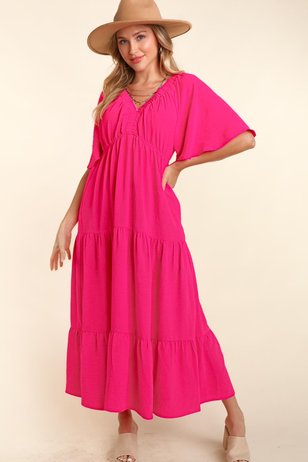 Haptics Tiered Babydoll Maxi Dress with Side Pocket Hot Pink S 