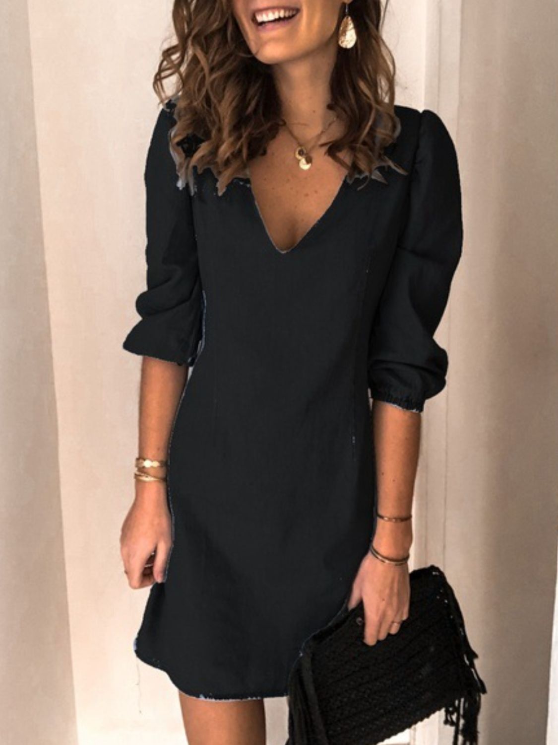 STUNNLY  Full Size V-Neck Half Sleeve Denim Dress Black S 