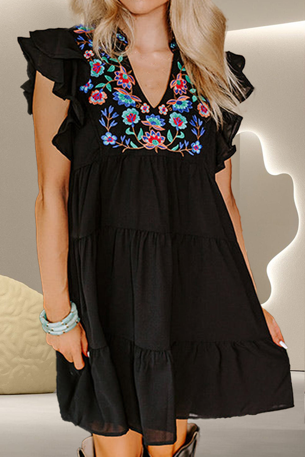 Embroidered Ruffled Cap Sleeve Mini Dress Black S 