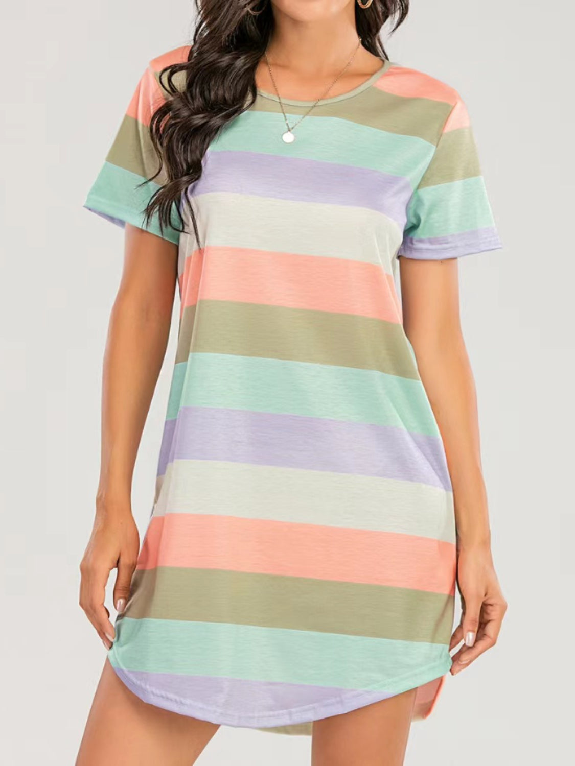 Striped Round Neck Short Sleeve Tee Dress Matcha Green S 