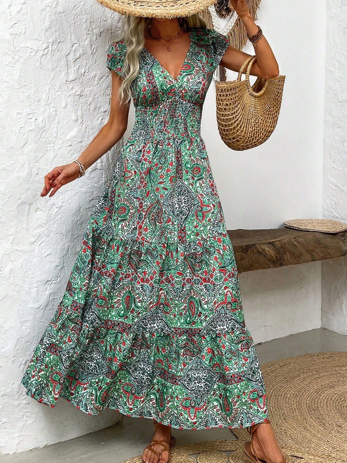 Smocked Printed Cap Sleeve Midi Dress   