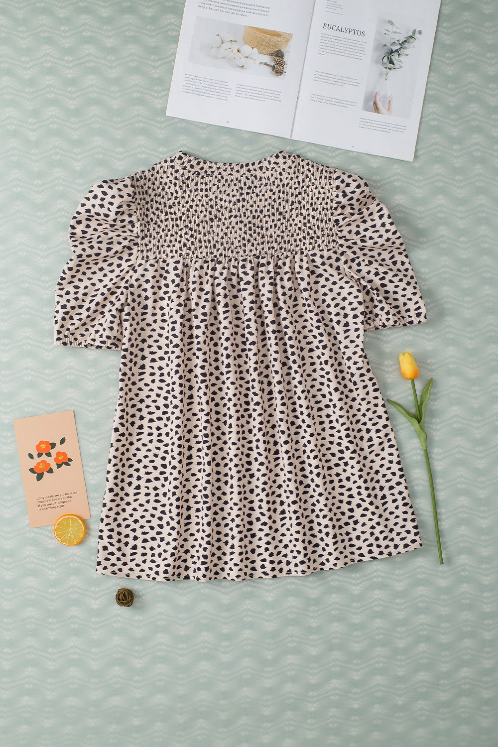 STUNNLY  Smocked Animal Print Puff Sleeve Blouse   