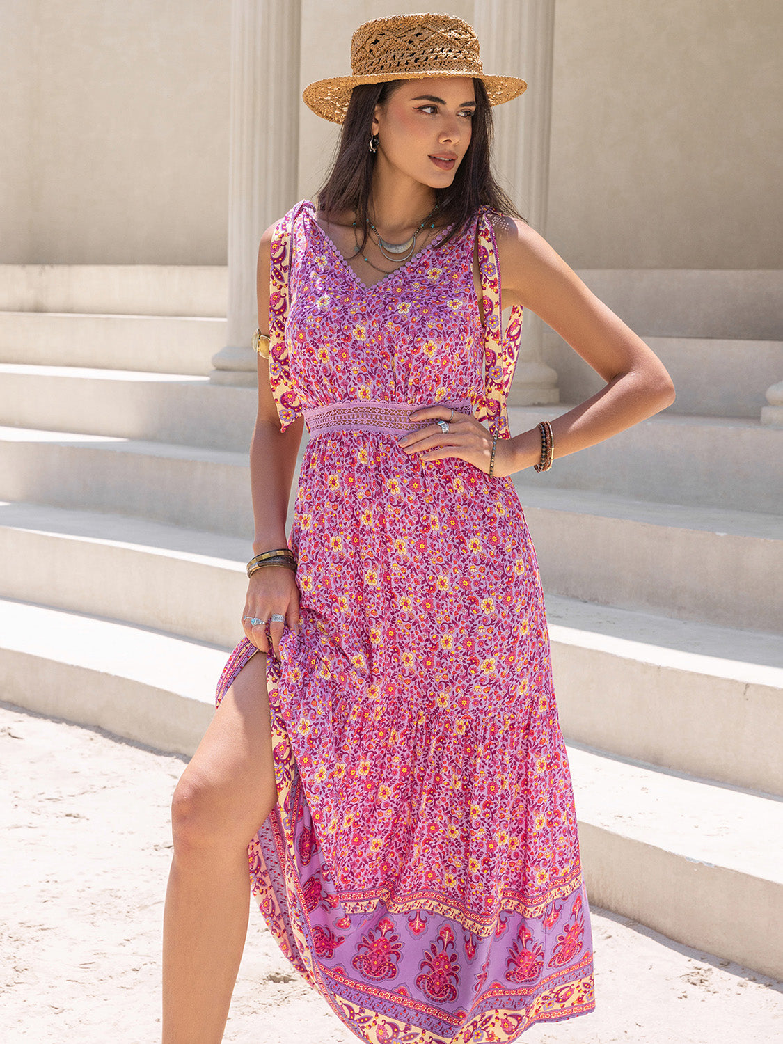 Tied Printed V-Neck Sleeveless Dress Fuchsia Pink S 