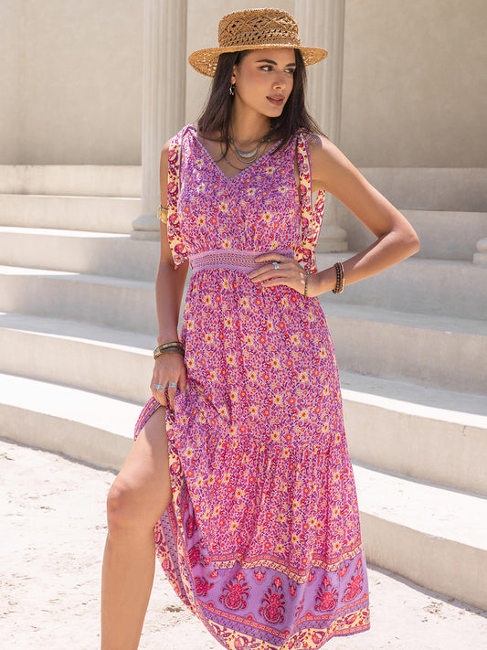 Tied Printed V-Neck Sleeveless Dress Fuchsia Pink S 