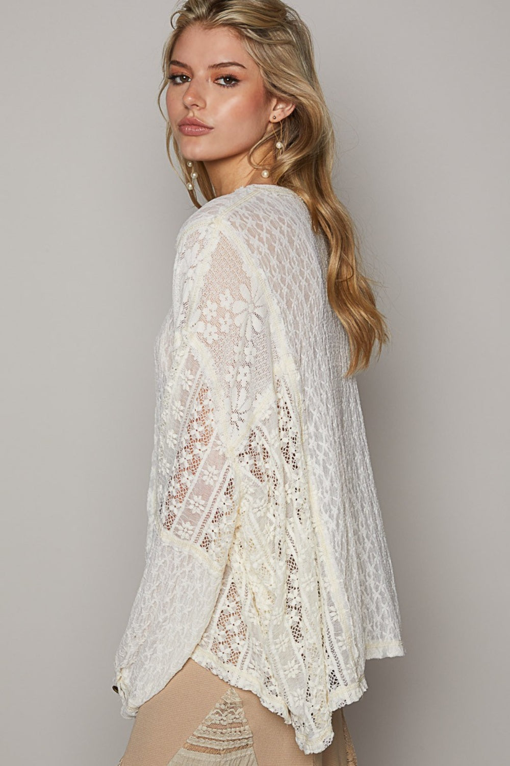 POL Round Neck Long Sleeve Raw Edge Lace Top   