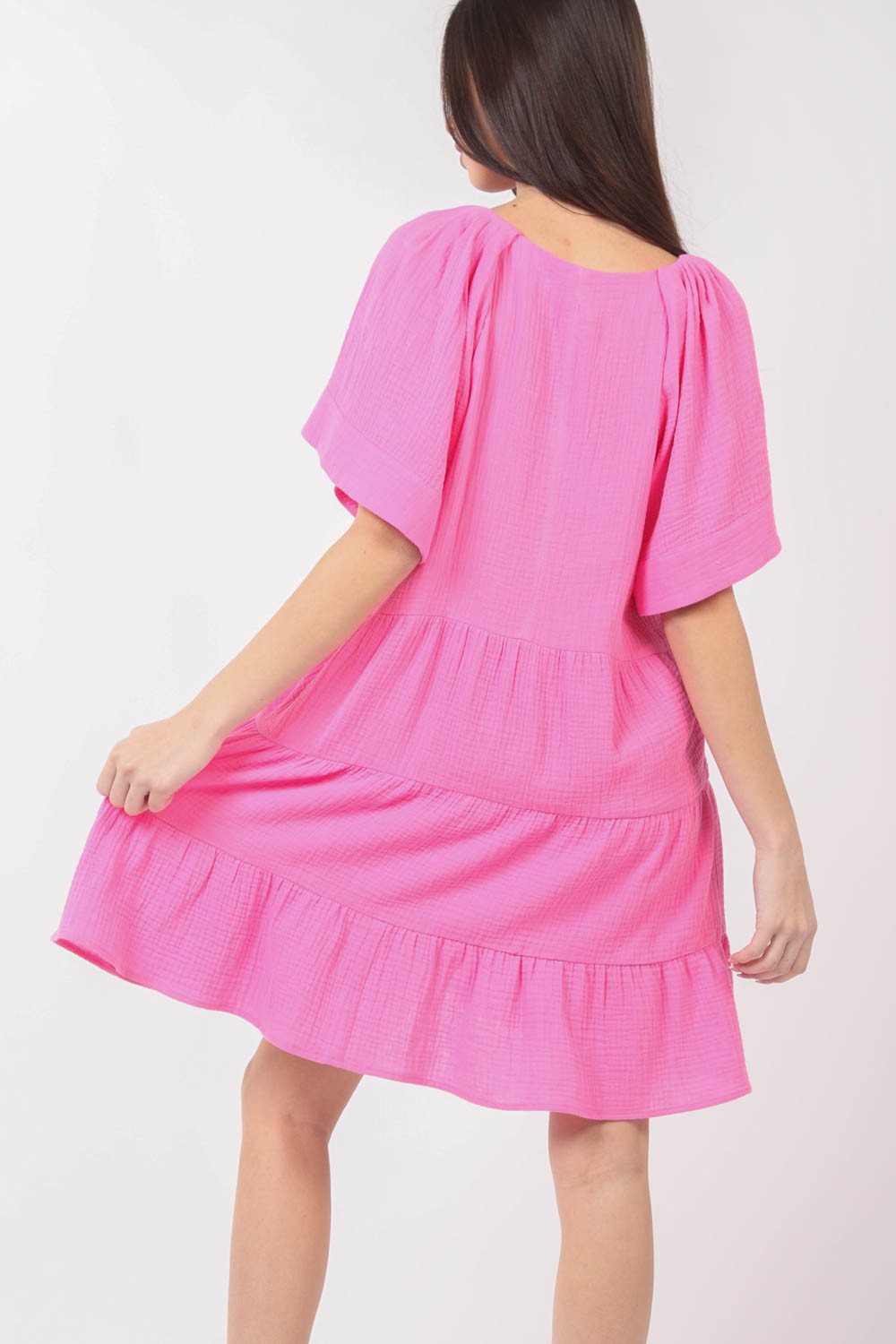 VERY J Texture V-Neck Ruffled Tiered Dress   