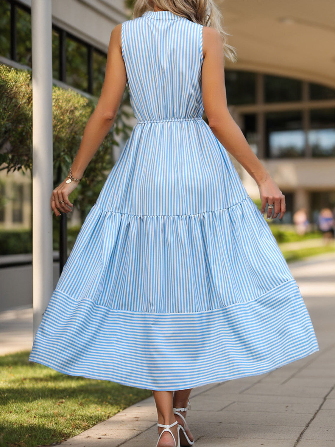 STUNNLY  Striped Notched Sleeveless Midi Dress   