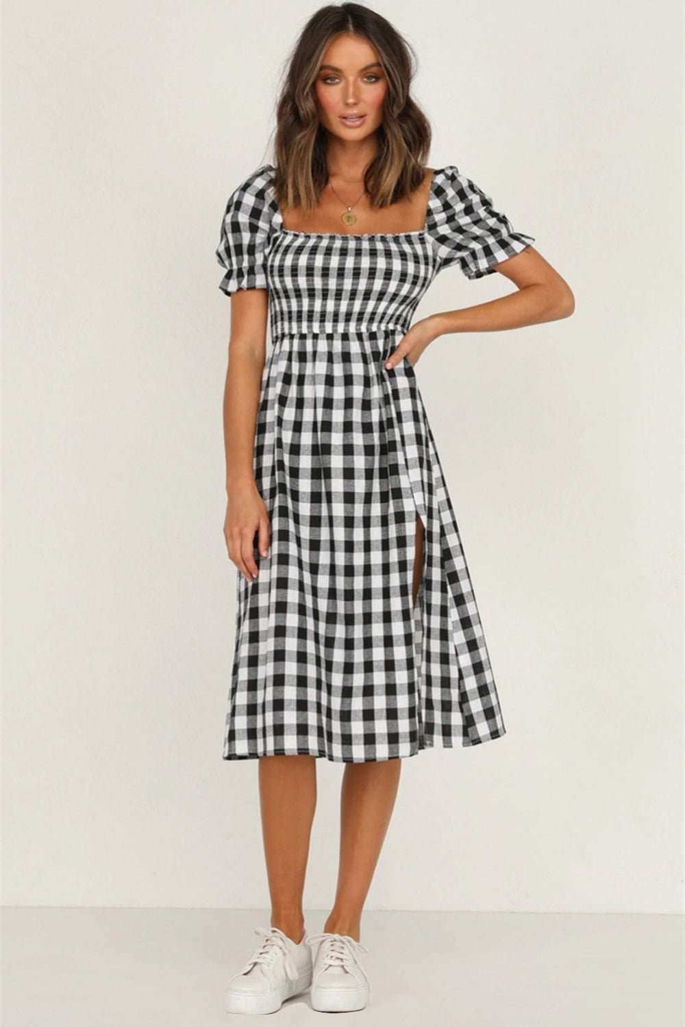 Full Size Slit Plaid Short Sleeve Midi Dress Black S 