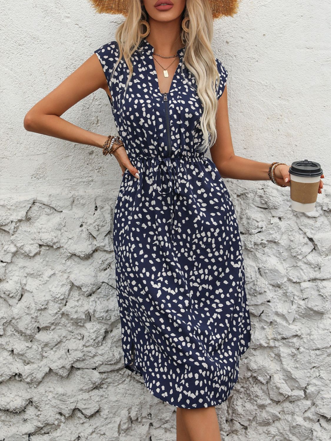 Slit Printed Cap Sleeve Dress   