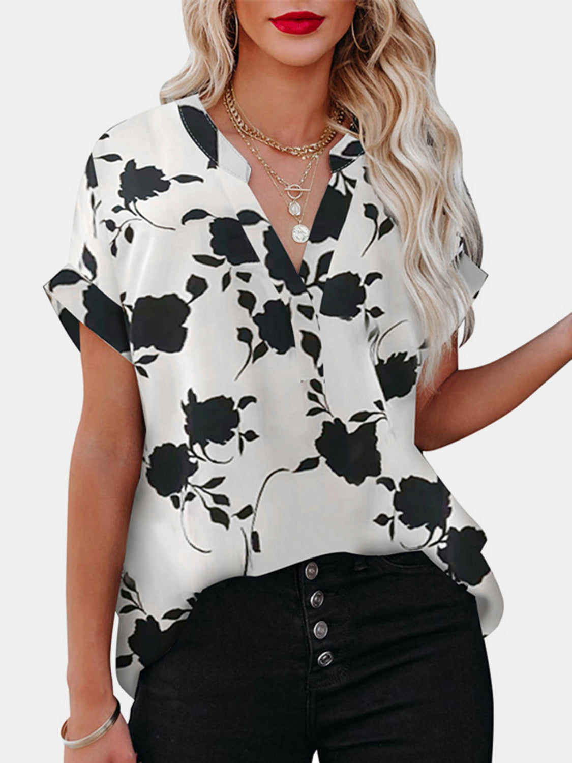 STUNNLY  Full Size Printed Notched Short Sleeve Blouse   