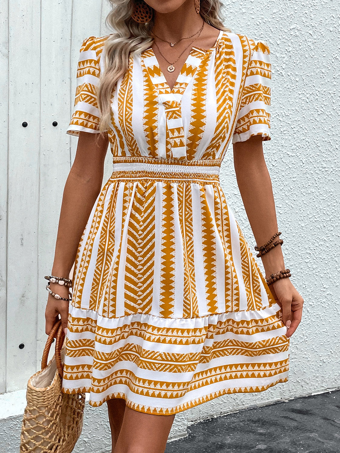 Geometric Notched Short Sleeve Mini Dress Mustard S 