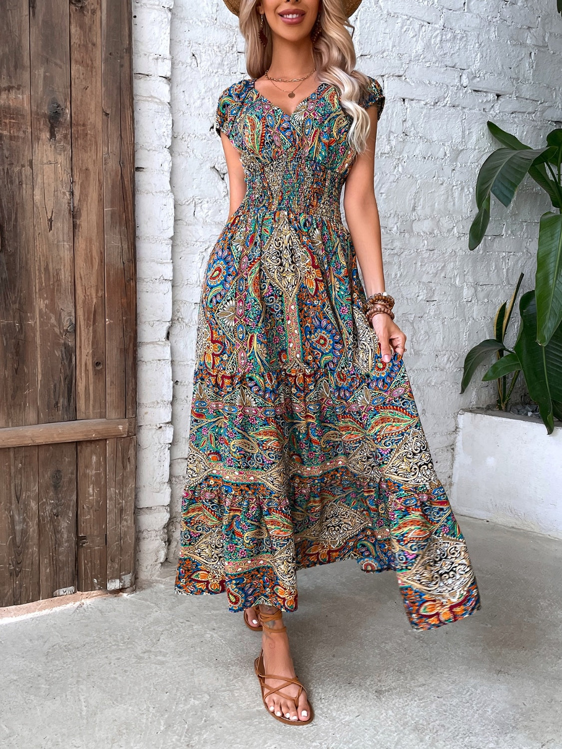 Smocked Printed Cap Sleeve Midi Dress   