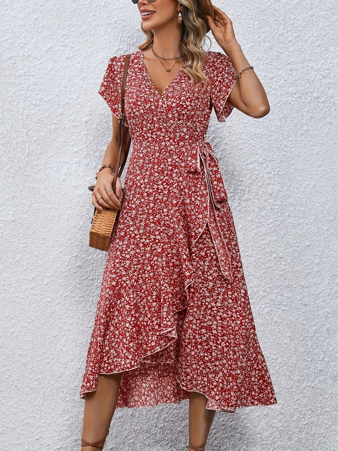 Printed Surplice Flutter Sleeve Midi Dress   