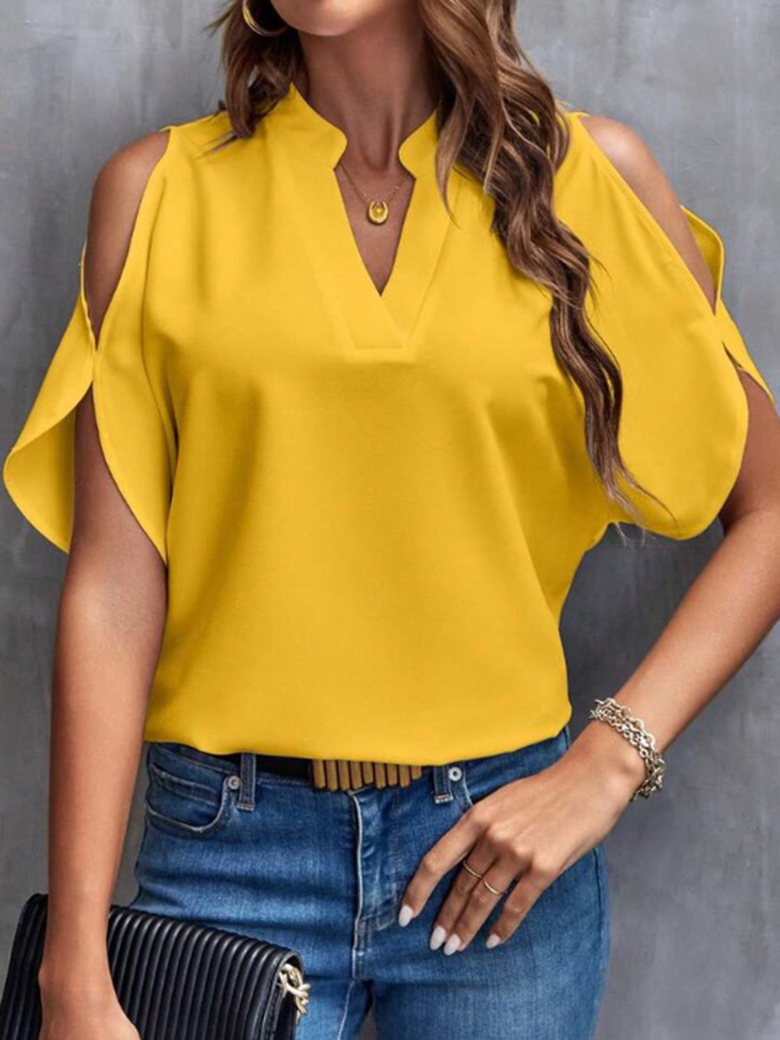 Notched Cold Shoulder Half Sleeve Blouse Mustard S 