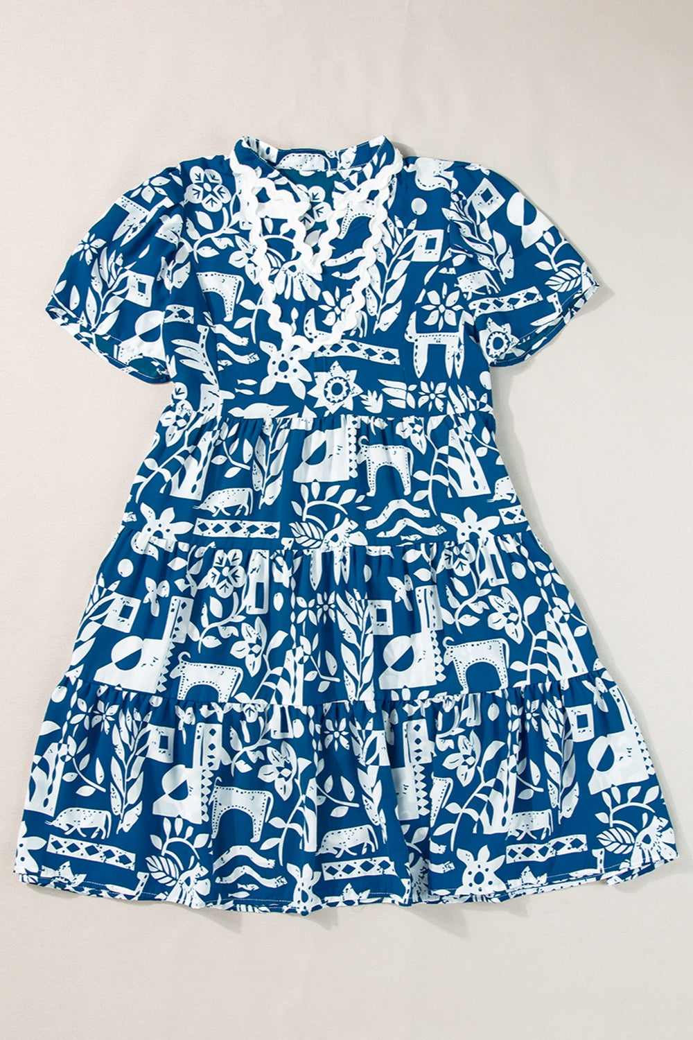 Printed Notched Short Sleeve Mini Dress Peacock  Blue S 