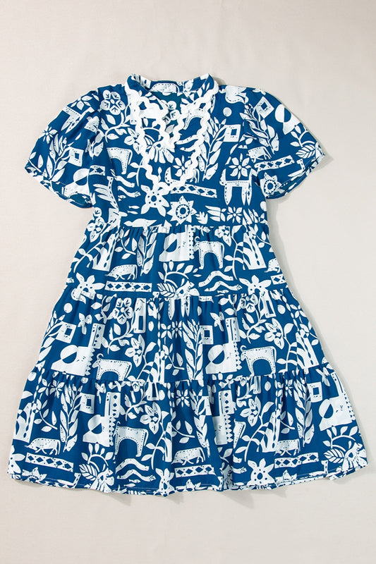 Printed Notched Short Sleeve Mini Dress Peacock  Blue S 