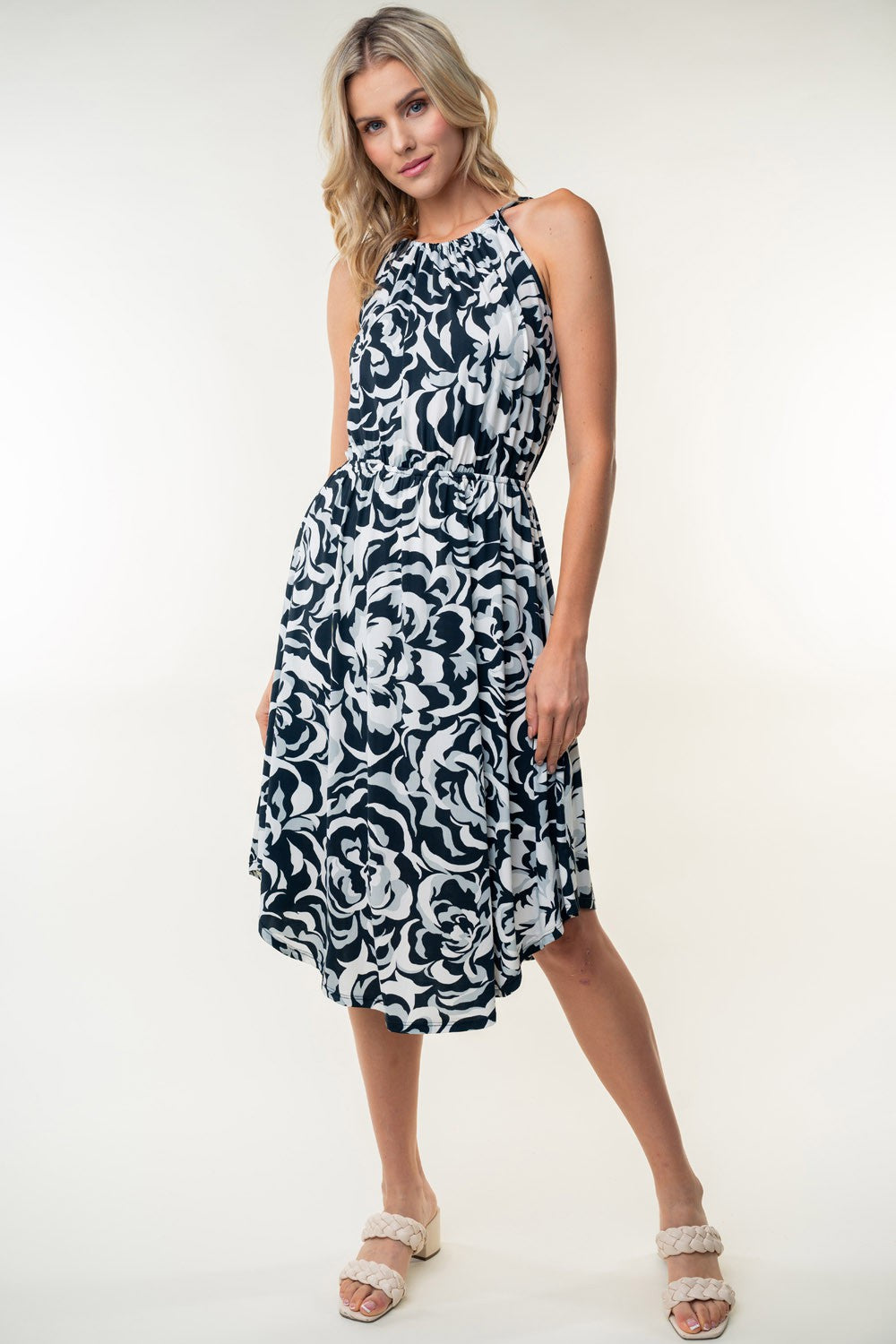 White Birch Tied Ruched Floral Sleeveless Knee Length Dress   