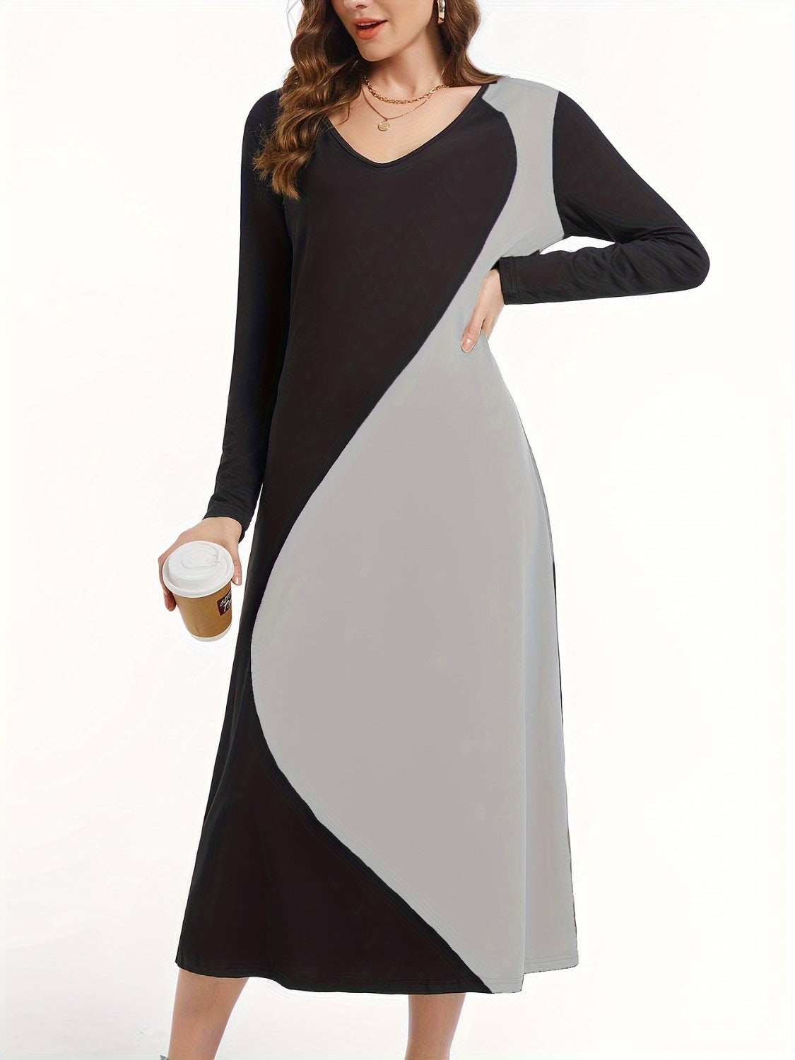 Contrast Long Sleeve Midi Dress   