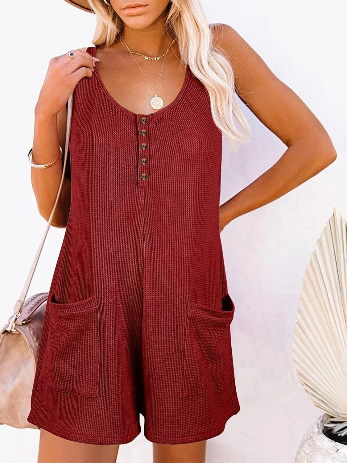 STUNNLY  Full Size Pocketed Scoop Neck Sleeveless Romper Wine S 