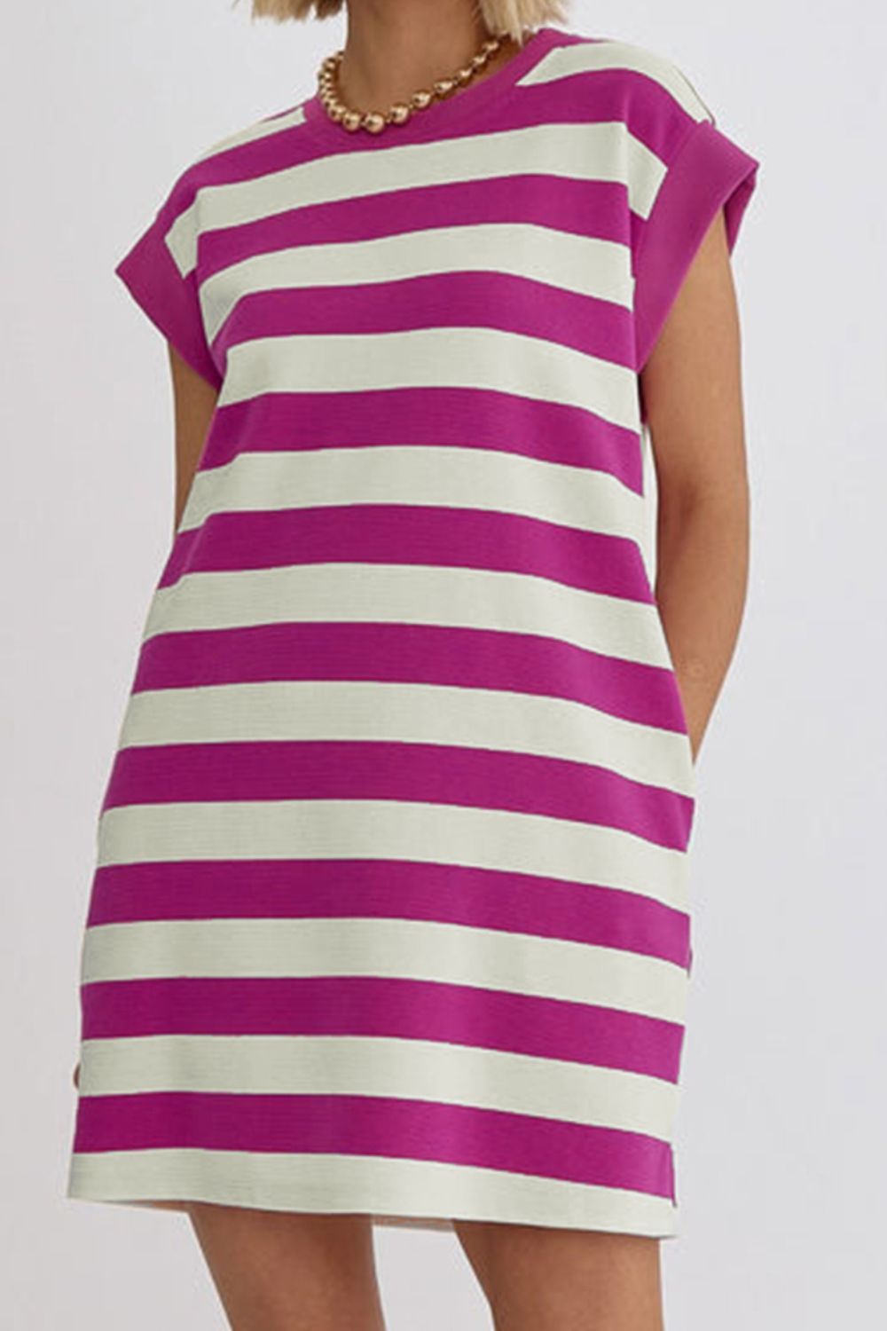 STUNNLY  Striped Round Neck Cap Sleeve Dress Magenta S 