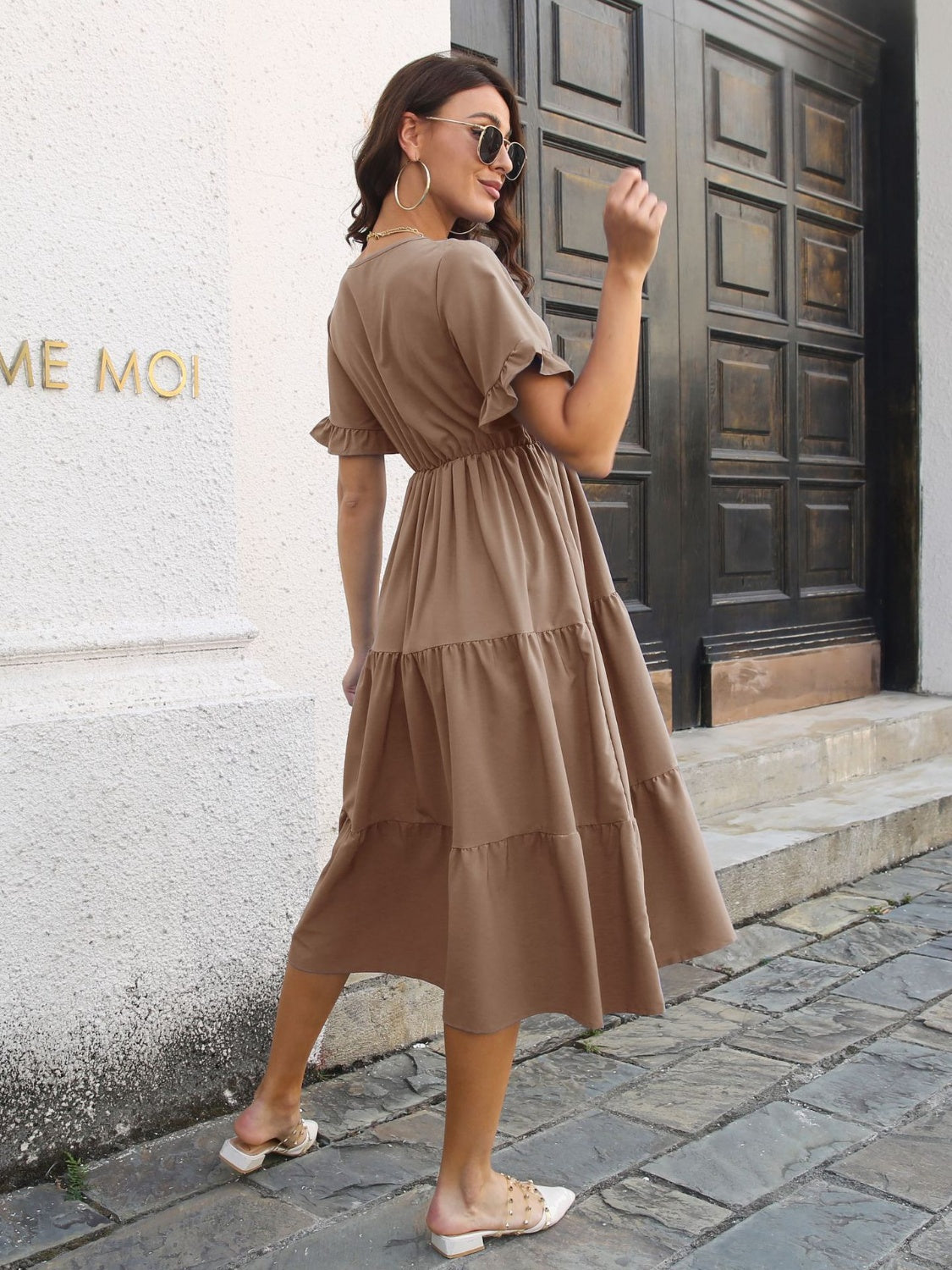 V-Neck Short Sleeve Midi Dress   