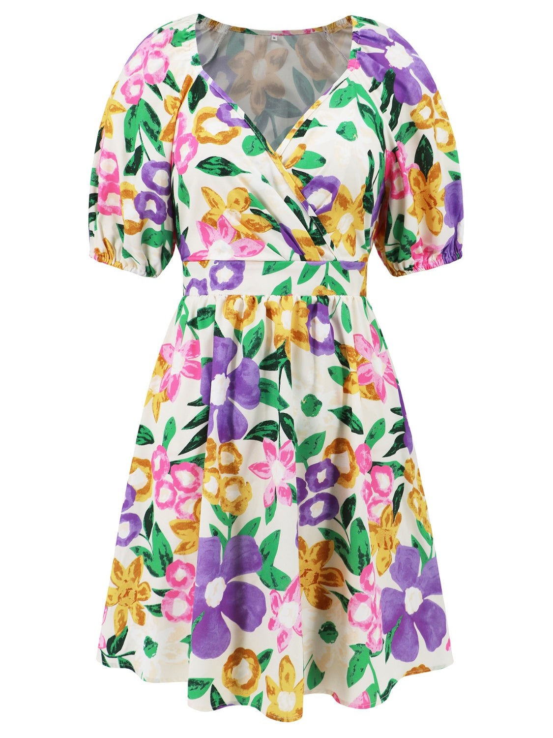 Printed Surplice Short Sleeve Dress   