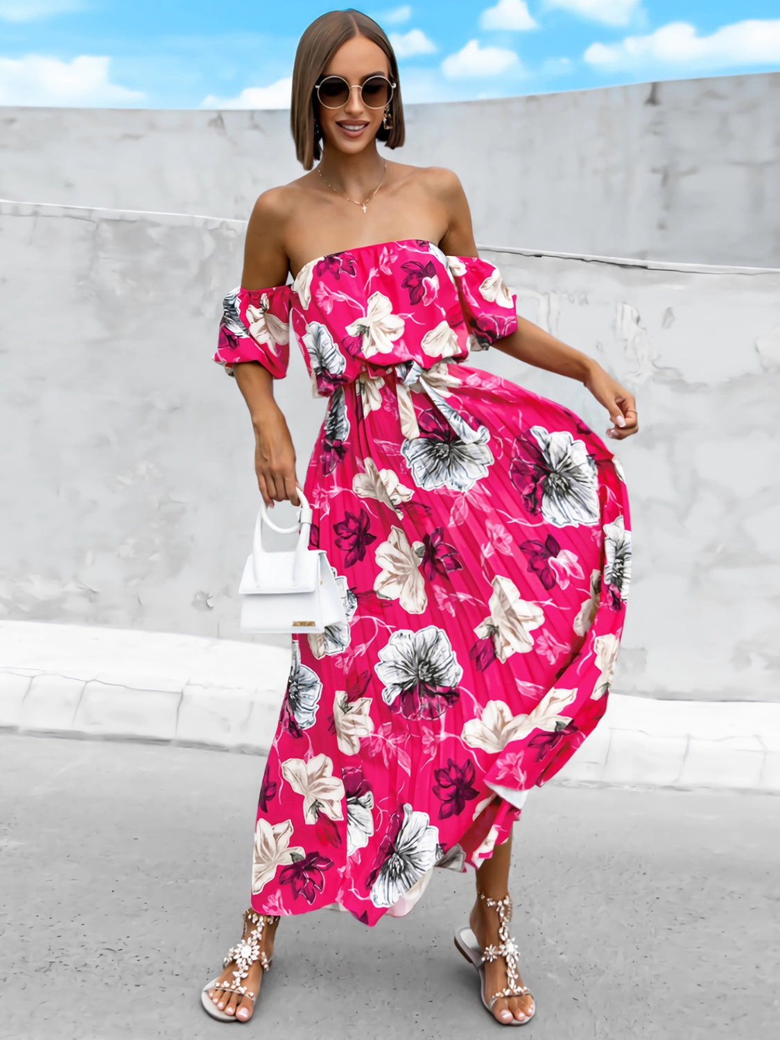 Pleated Floral Off-Shoulder Short Sleeve Midi Dress Hot Pink S 