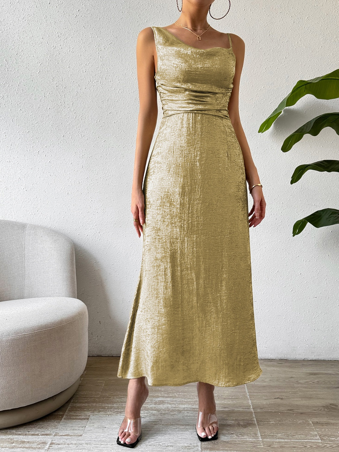 Asymmetric Neck Sleeveless Midi Dress Yellow-Green S 