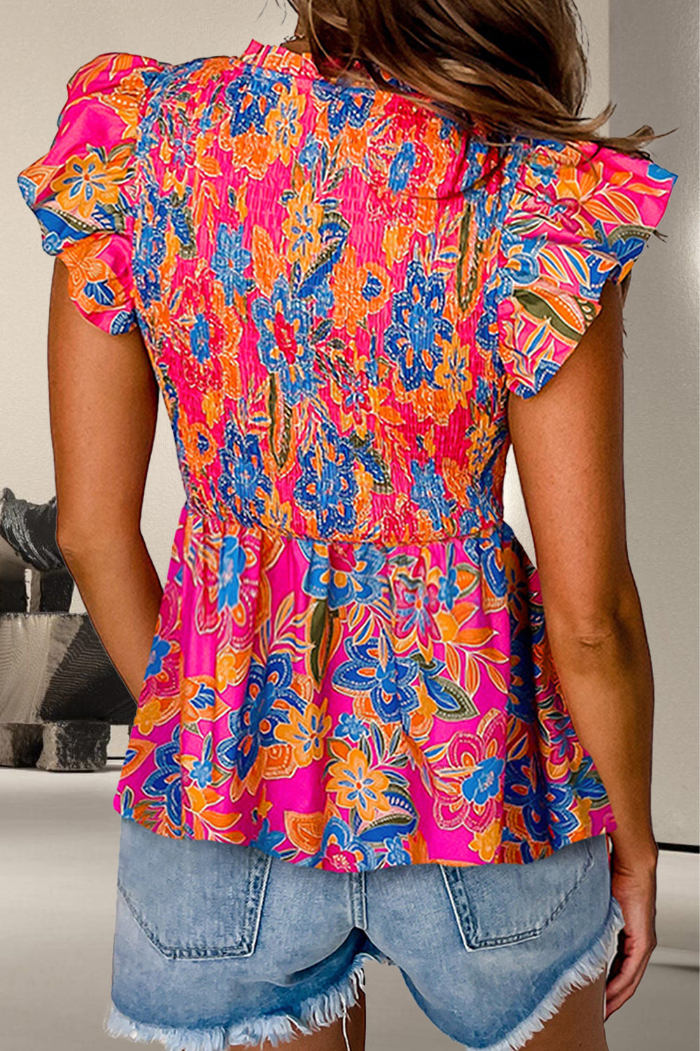 STUNNLY  Smocked Printed V-Neck Cap Sleeve Blouse   