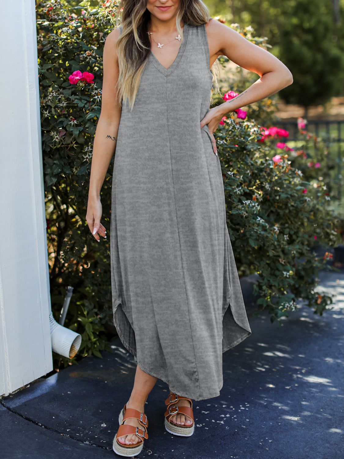 STUNNLY  Full Size V-Neck Midi Tank Dress   