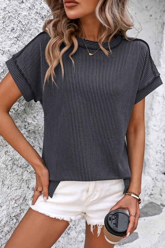 STUNNLY  Striped Round Neck Short Sleeve T-Shirt Dark Gray S 