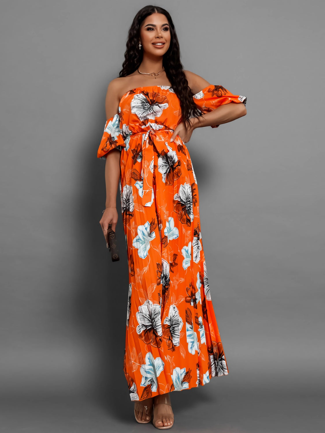 Pleated Floral Off-Shoulder Short Sleeve Midi Dress   