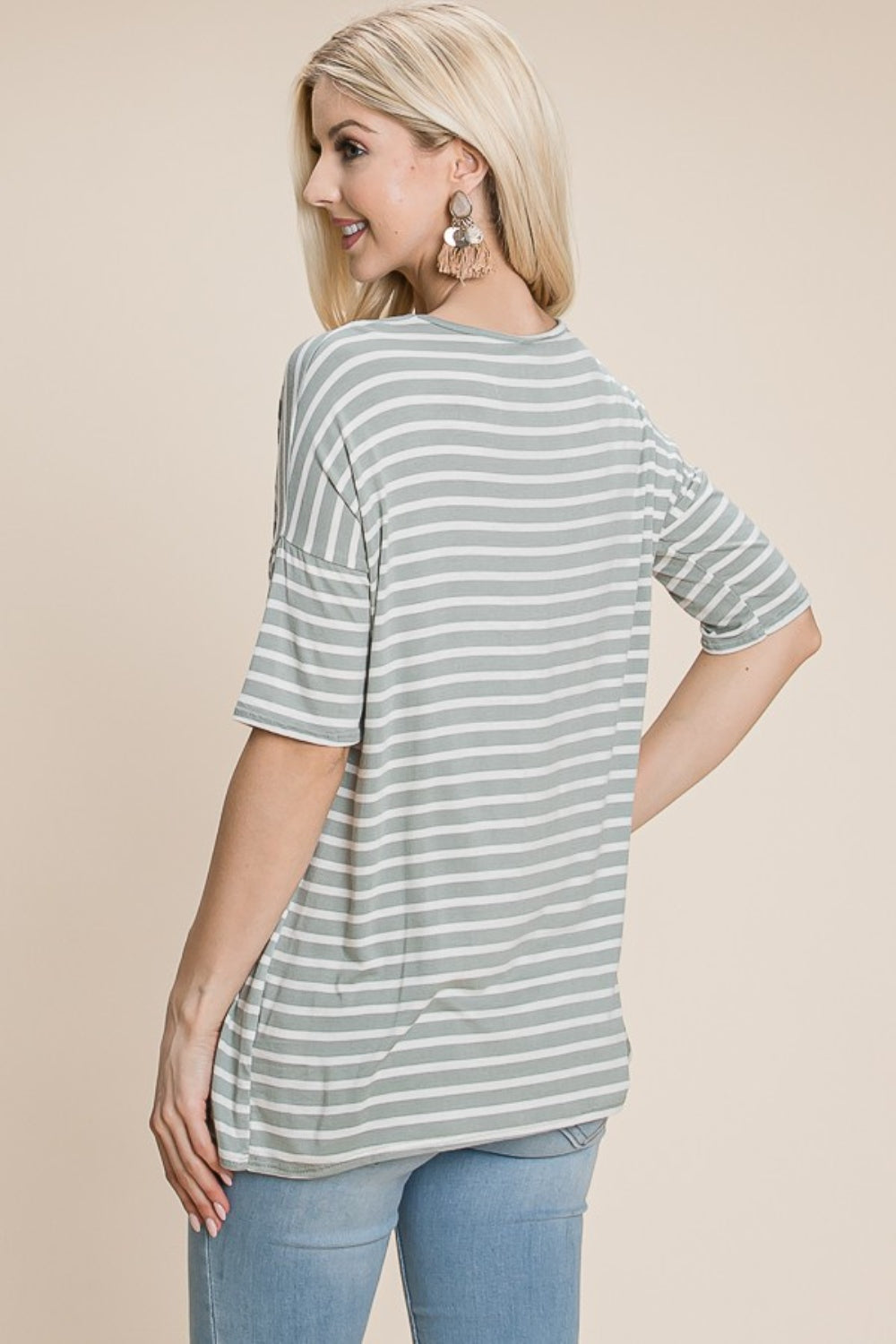 BOMBOM Striped Round Neck T-Shirt   