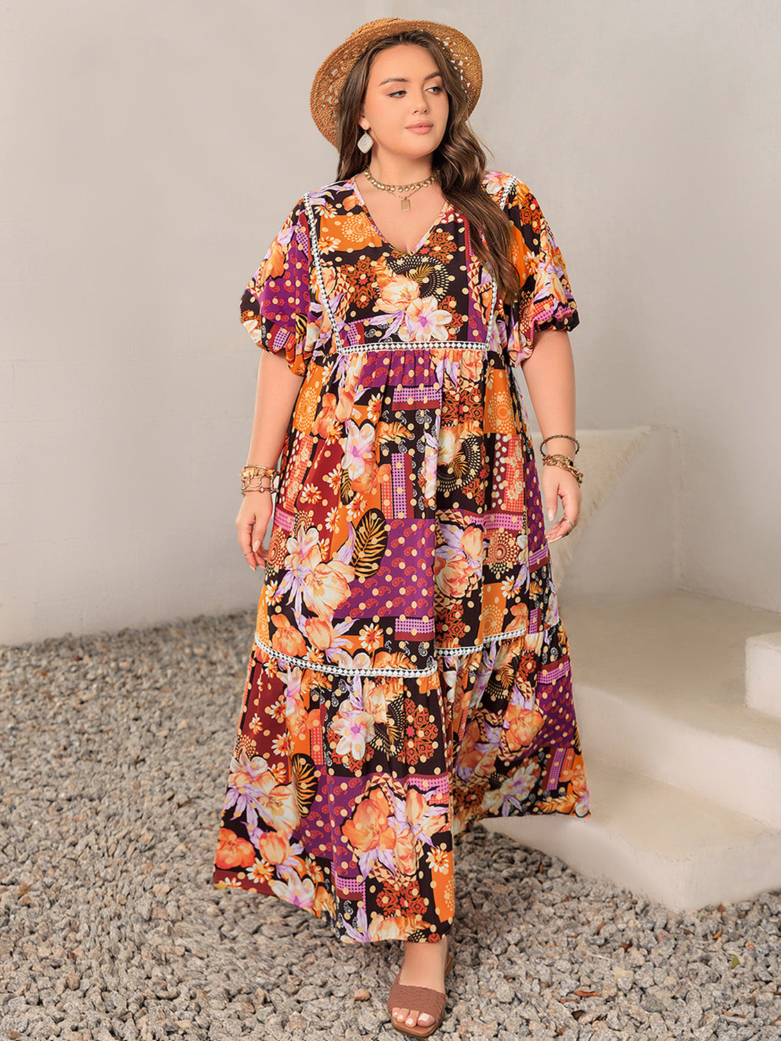 Plus Size Printed V-Neck Half Sleeve Maxi Dress Multicolor 0XL 