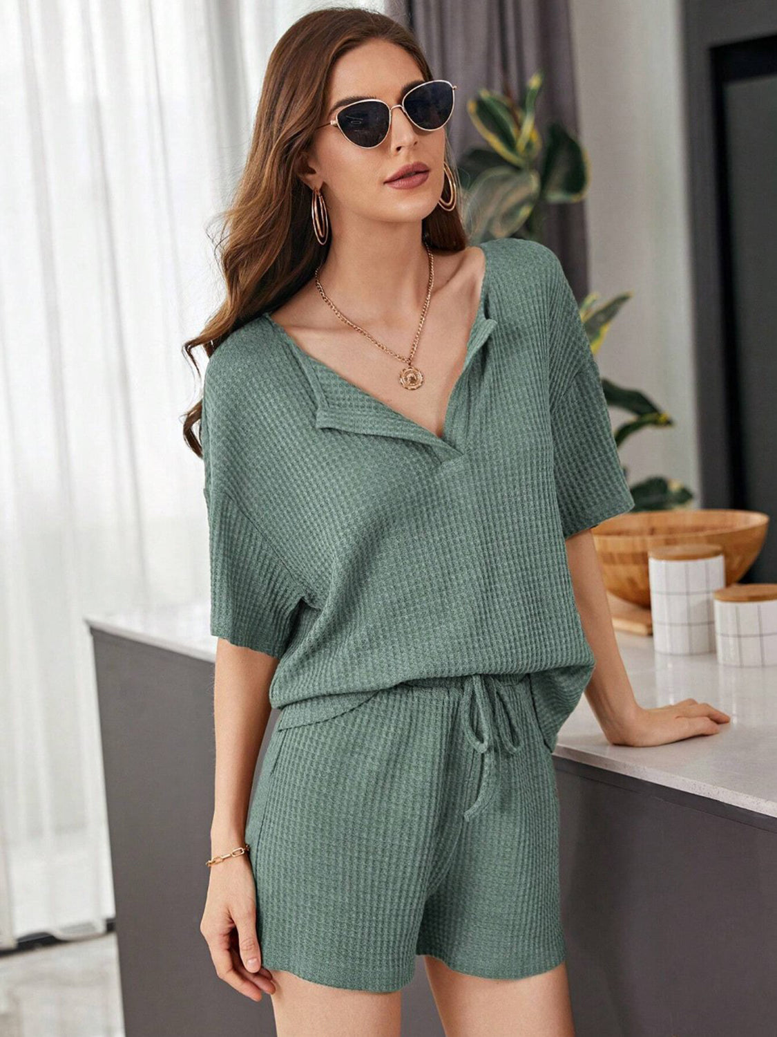 STUNNLY  Full Size Waffle-Knit Dropped Shoulder Top and Shorts Set   