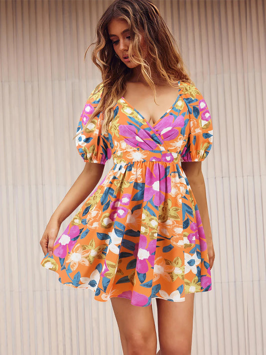 Printed Surplice Short Sleeve Dress Tangerine S 