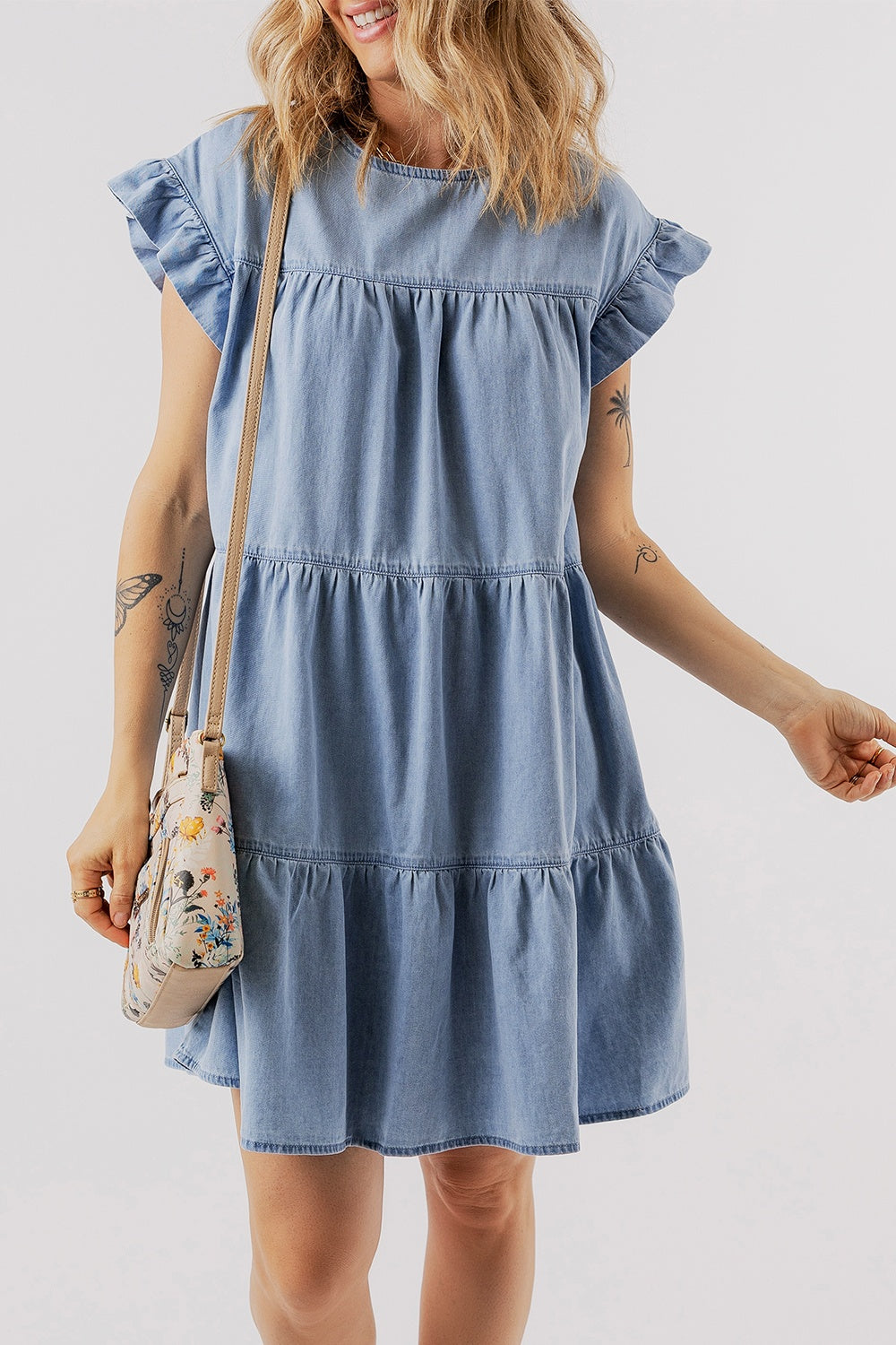 Ruffled Round Neck Cap Sleeve Denim Dress   