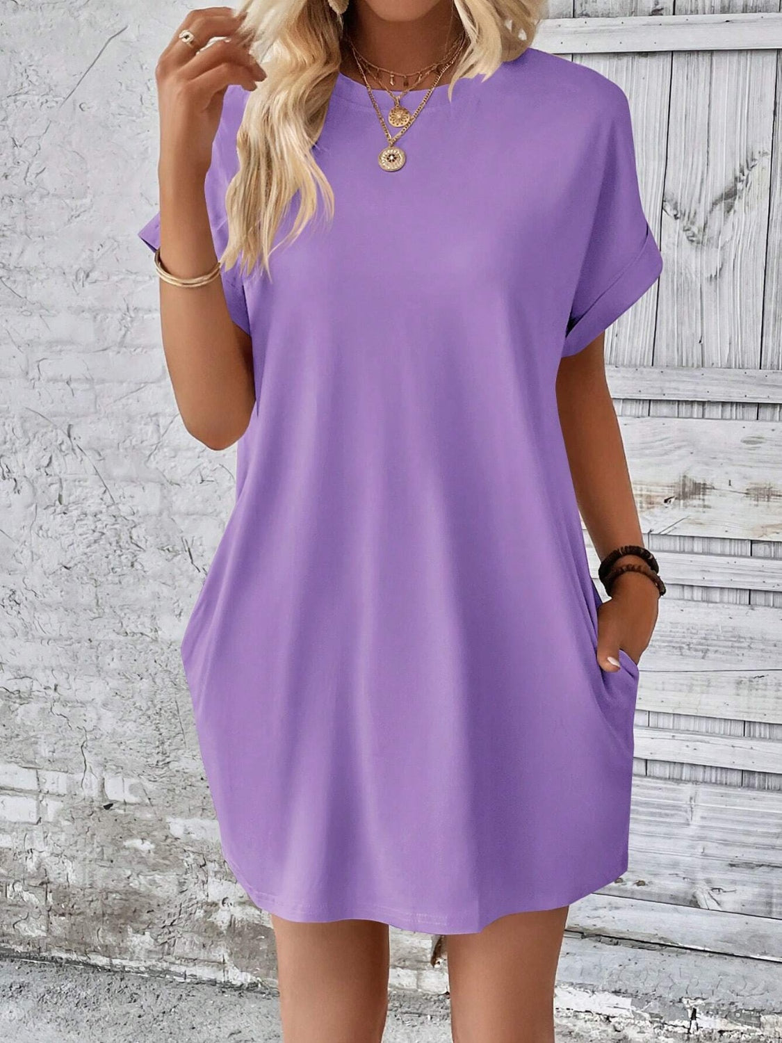 Round Neck Short Sleeve Mini Dress   