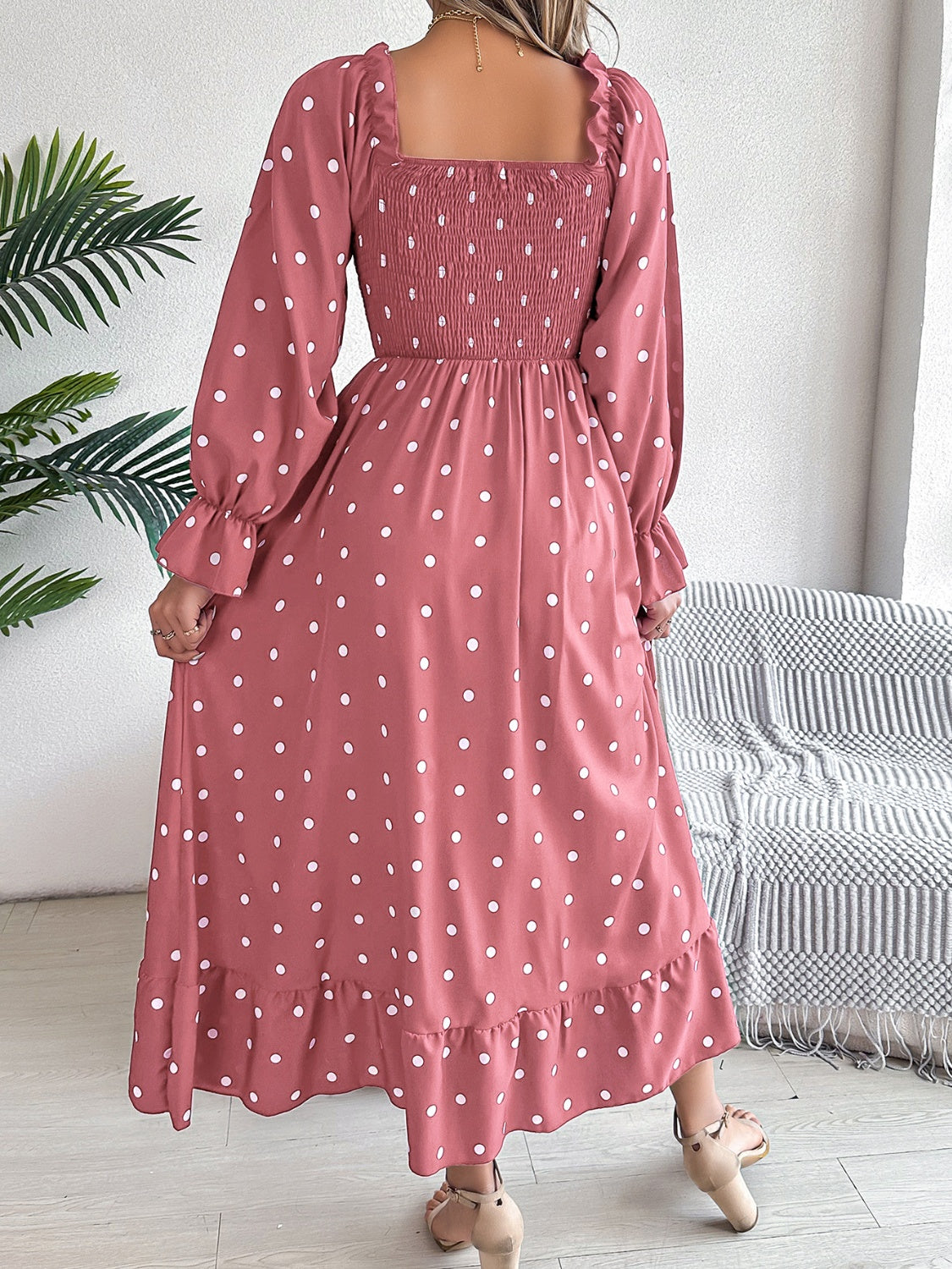 Polka Dot Flounce Sleeve Midi Dress   